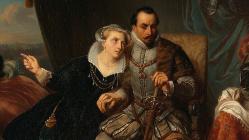 Ein altes Gemälde, welches eine Frau und einen Mann zeigt.